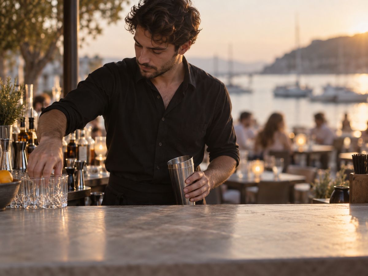 Bartender setting up a waterfront bar before service
