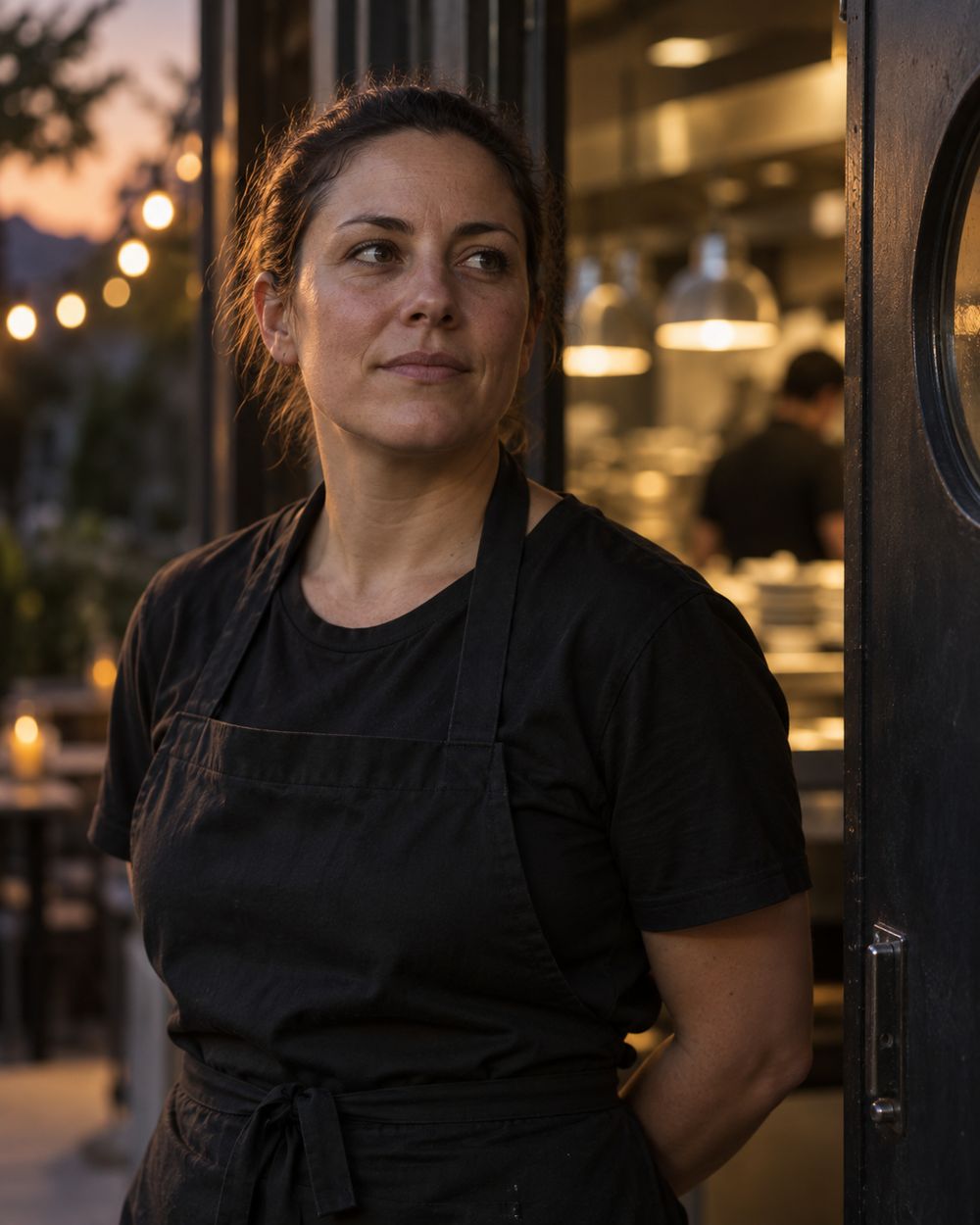 Kitchen worker in an apron at the service door, ready for the shift