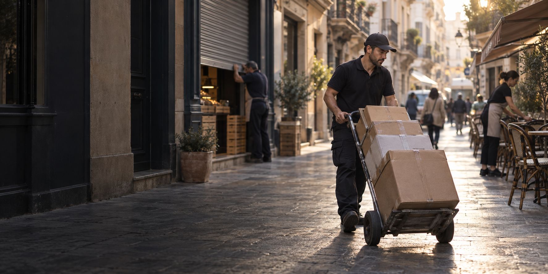 Delivery worker wheeling boxes down a shopping street in the morning